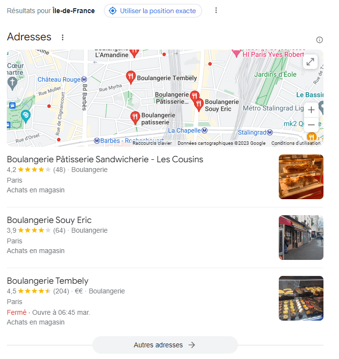 capture d'écran recherche google boulangeries